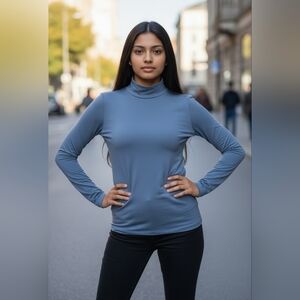 Reo Ria Women's Blue Gray Long Sleeve Mock Turtleneck Top NWT Large Lightweight